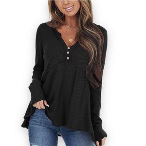 Women’s Waffle Knit Henley Shirt V-Neck with 3 Buttons Flowy XL in Black